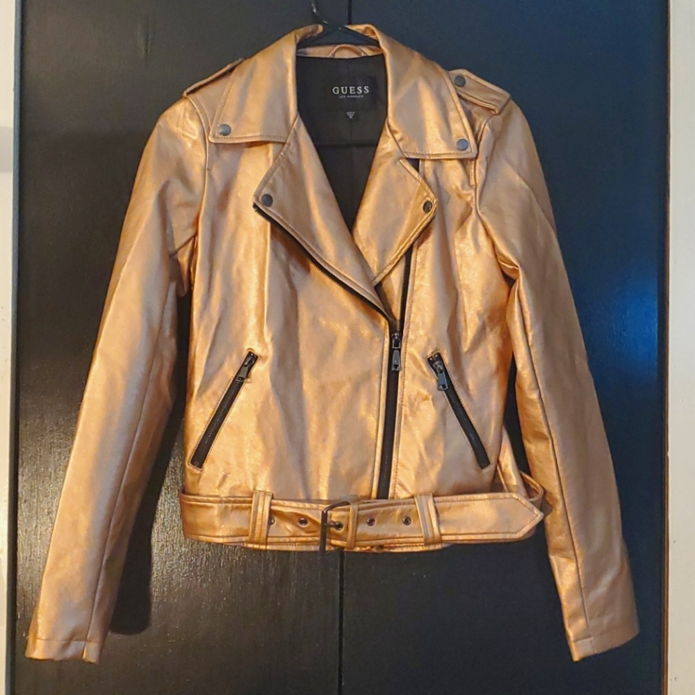 Guess Rose Gold Faux Leather Jacket with Belt